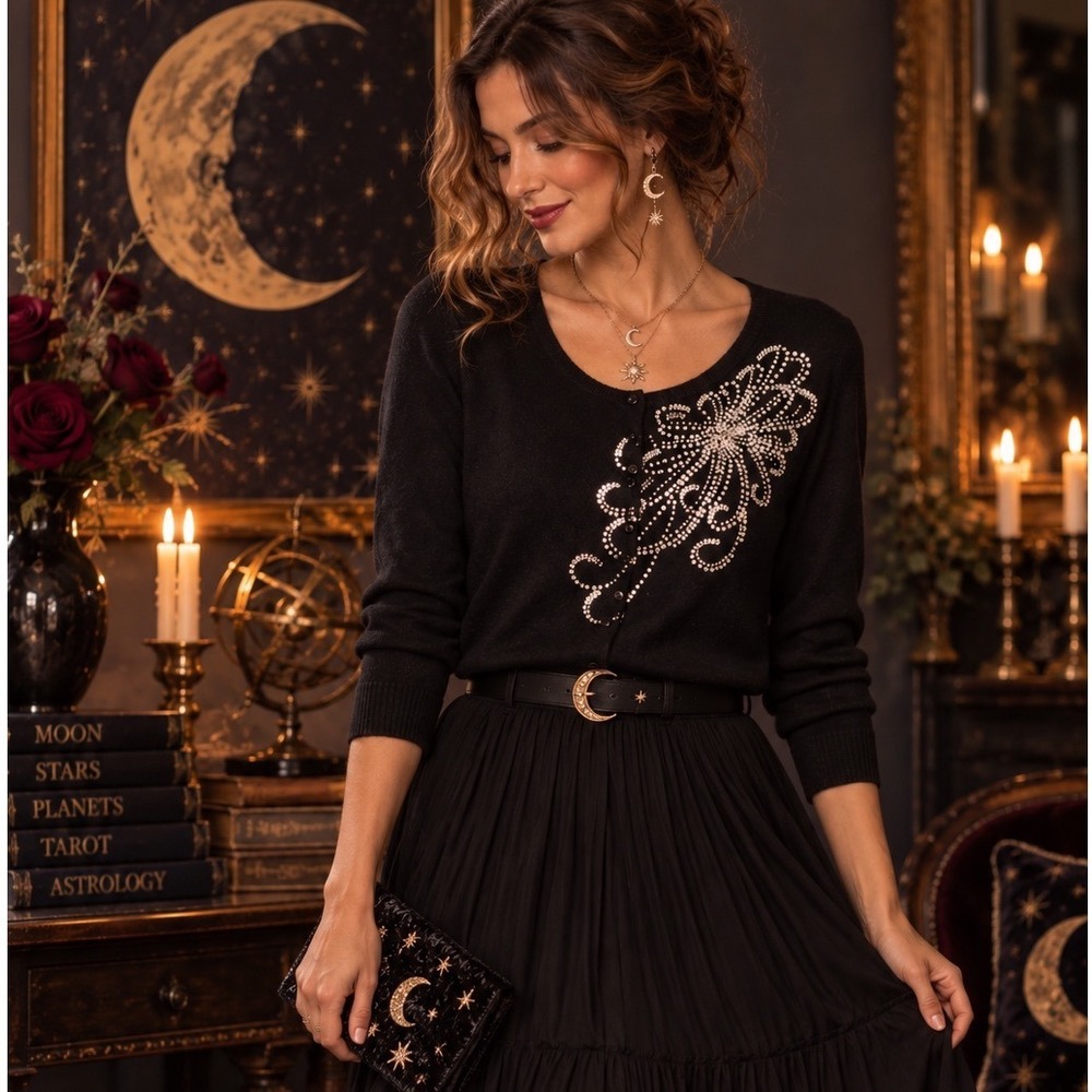 Cable & Gauge Women Black Beaded Floral‎ Faux Pearl Cardigan Sweater Large